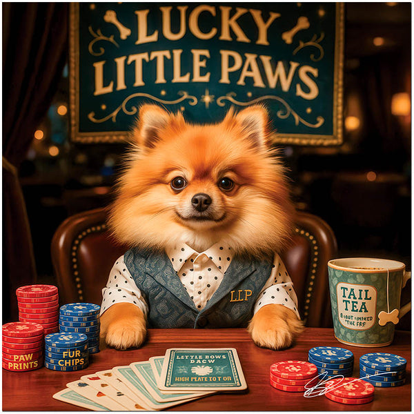 Lucky Little Paws metal print of an elegant Pomeranian dog seated at a poker table with poker chips, playful cards, and a cup of Tail Tea