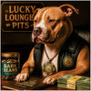 Lucky Lounge Pits metal print showcasing a Pitbull dog with Bark Beans treats and Lucky Loot cash in a vintage casino lounge