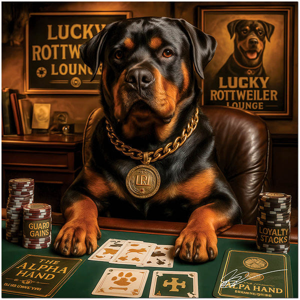Lucky Rottweiler Lounge metal print depicting an elegant Rottweiler at a poker table with casino chips and playing cards