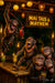A group of monkeys at a bamboo tiki bar wearing floral leis, one jumping and spilling a red cocktail under a “Mai Tais & Mayhem” sign with glowing lanterns overhead