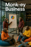 Monkeys in office attire humorously giving presentation and working on laptops artwork