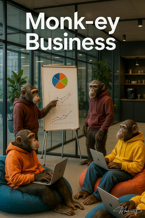 Monkeys in office attire humorously giving presentation and working on laptops artwork