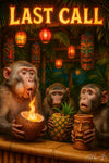 Three monkeys at a tiki bar reacting to last call with flaming cocktails, pineapple drinks, and tiki mugs under glowing lanterns – funny tropical bar art