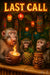 Three monkeys at a tiki bar reacting to last call with flaming cocktails, pineapple drinks, and tiki mugs under glowing lanterns – funny tropical bar art