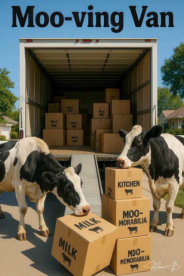 Moo-ving Van humorous cows moving boxes moo-morabilia metal print