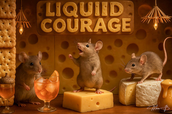 Three mice in a whimsical cheese-themed bar with cocktails, crackers, and glowing Liquid Courage sign – funny food and drink animal wall art