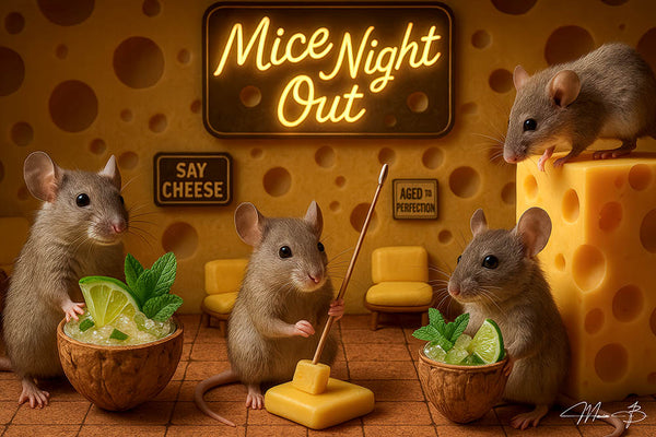 Mice enjoying a whimsical night out in a cheese-themed bar with walnut shell cocktails, a pool cue, and fun signs – playful and humorous wall art