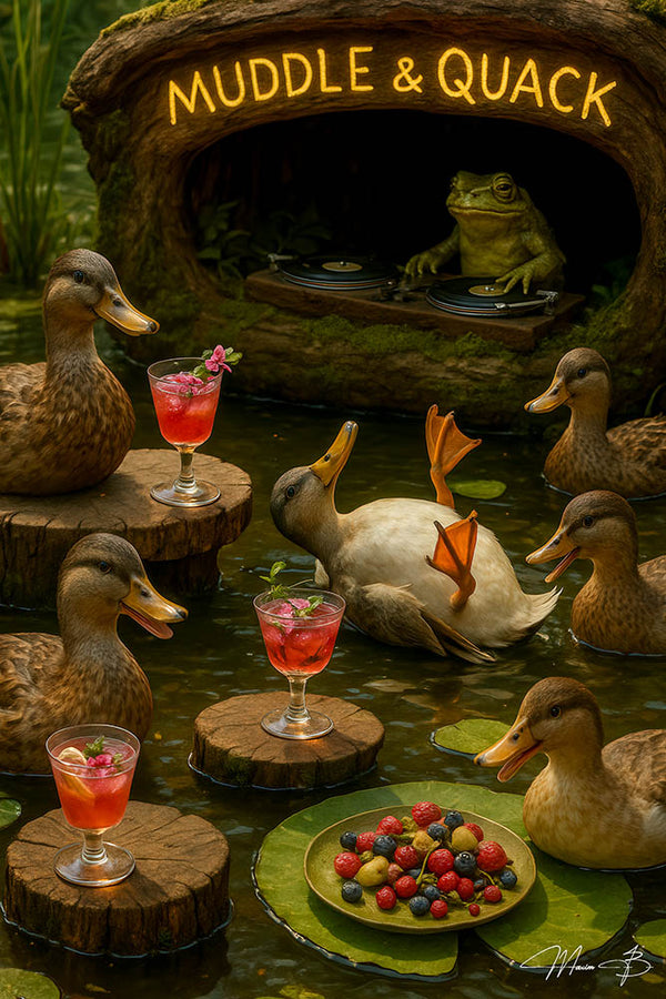 Ducks perched on mossy stumps in a pond, sipping cocktails while a frog DJ spins records under a glowing “Muddle & Quack” sign