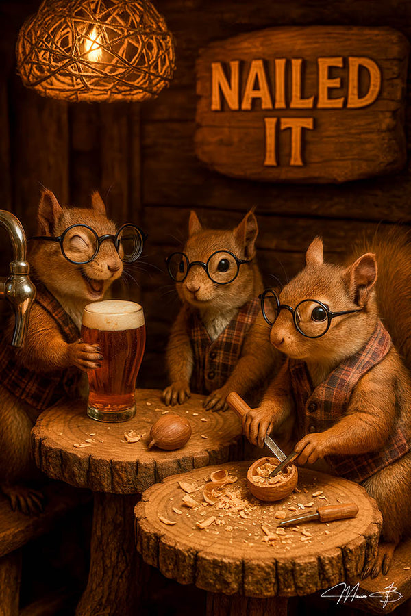 Three squirrels chiseling walnuts and toasting beers under a “Nailed It II” sign on Metal Print