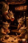 Squirrels chiseling walnuts and toasting beer in a rustic bar scene on Metal Print