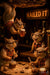 Squirrels chiseling walnuts and toasting beer in a rustic bar scene on Metal Print