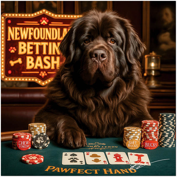 Newfoundland dog artwork titled Newfoundland Betting Bash on metal print featuring an elegant casino poker scene