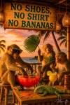 Three monkeys at a bamboo beach bar under a “No Shoes, No Shirt, No Bananas” sign, one with sunglasses dipping into a punch bowl, another fanning itself, and a third sipping a piña colada, with an iguana on the counter and a sunset over the ocean in the background