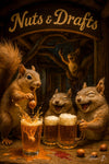 Squirrels dropping a walnut into a beer mug under a “Nuts & Drafts” sign on Metal Print