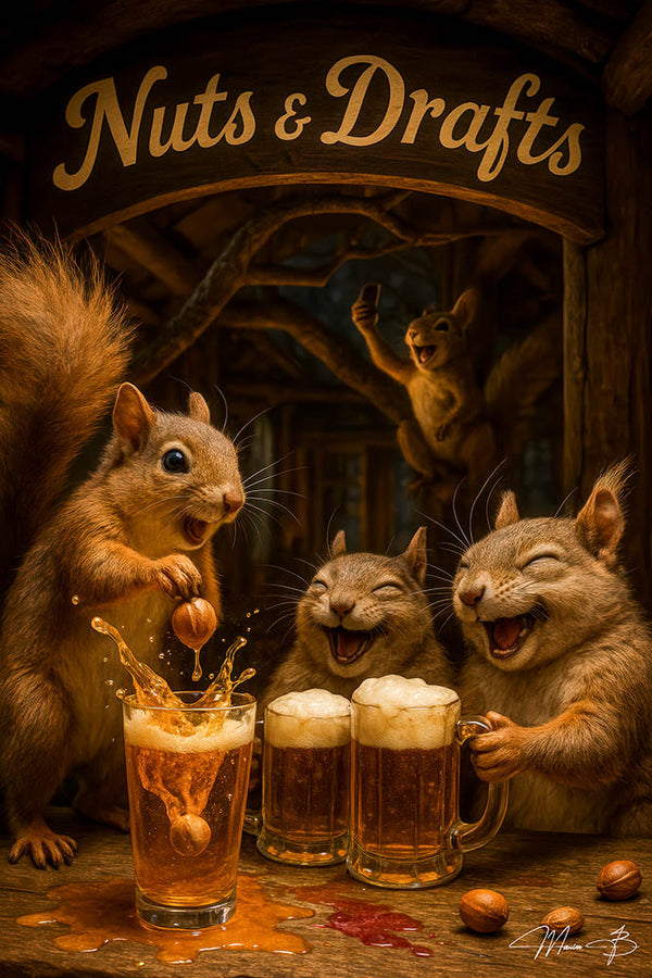 Squirrels dropping a walnut into a beer mug under a “Nuts & Drafts” sign on Metal Print