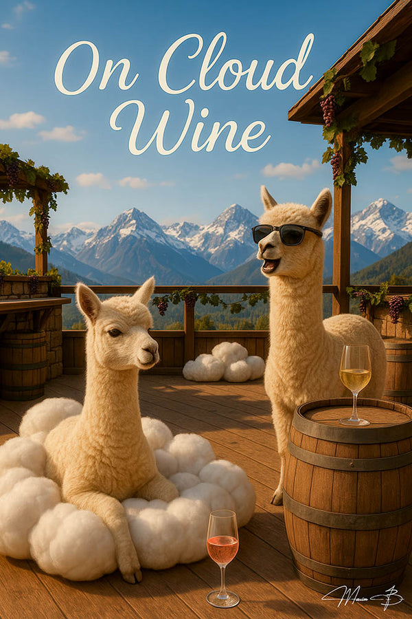 Two alpacas sipping wine on cloud lounge overlooking mountains on Metal Print