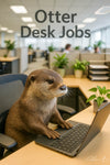 Otter sitting at a desk in a modern office typing on a laptop in artwork titled Otter Desk Jobs