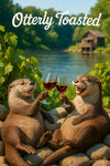 Two otters toasting red wine glasses with joyful expressions on a riverbank surrounded by greenery – whimsical and funny wine-themed wall art