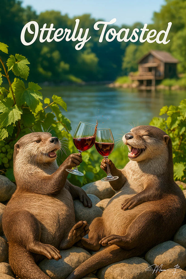 Two otters toasting red wine glasses with joyful expressions on a riverbank surrounded by greenery – whimsical and funny wine-themed wall art