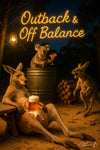 A relaxed kangaroo leans on a bench with a beer slipping between its legs, a koala bartender on a barrel holds a cocktail, and another kangaroo laughs under a neon “Outback & Off Balance” sign in a rustic outdoor bar