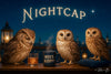 Owl enjoying a nightcap cocktail under warm lighting in a cozy bar setting – elegant and humorous wall art for evening drink lovers