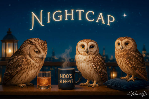 Owl enjoying a nightcap cocktail under warm lighting in a cozy bar setting – elegant and humorous wall art for evening drink lovers