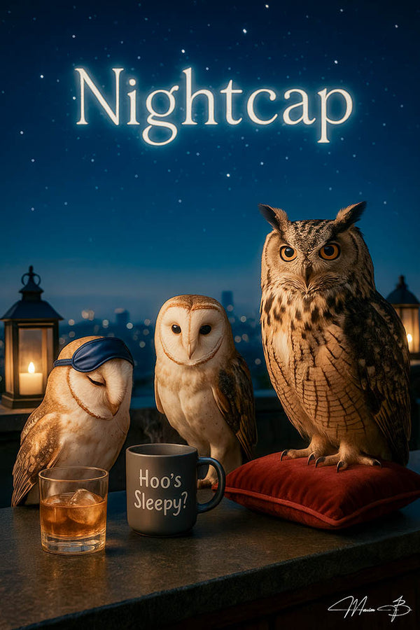 Owl enjoying a nightcap drink in a dimly lit forest bar with warm rustic ambiance – elegant and humorous evening wall art