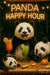 Three pandas at a tiki bar with tropical cocktails under a neon “Panda Happy Hour” sign and jungle backdrop