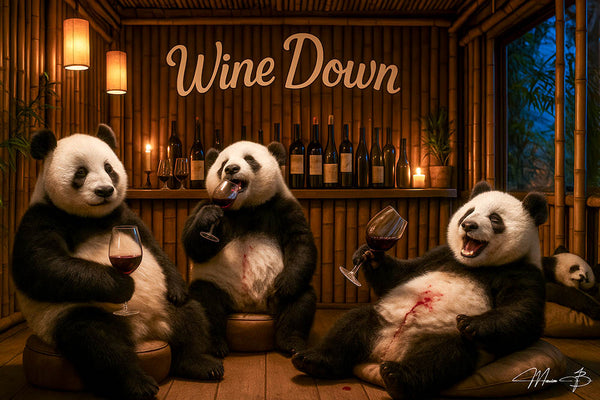 Three pandas lounging with red wine in a bamboo bar, toasting and laughing with spilled wine and cozy lighting – humorous wine-themed wall art