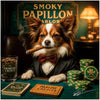 Papillon Parlor metal print showcasing an elegant Papillon dog smoking a cigar in a sophisticated gaming lounge