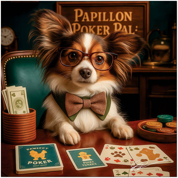 Papillon Poker Pal metal print featuring an elegant Papillon dog playing poker in stylish glasses and bow tie