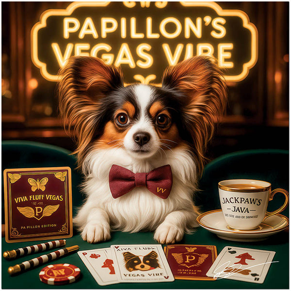 Papillon's Vegas Vibe metal print featuring an elegant Papillon dog with Vegas-themed playing cards and coffee