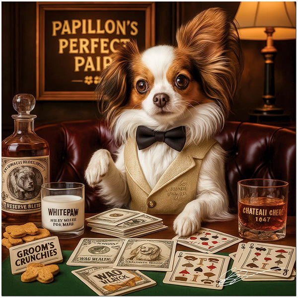 Papillon dog artwork titled Papillon's Perfect Pair on metal print featuring a luxurious card table and casino setting