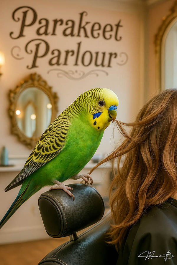 Parakeet styling woman's hair in beauty salon wall art