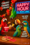 Colorful parrots and toucan partying at a tropical bar with cocktails, neon happy hour sign, and spilled drinks in a humorous tropical scene
