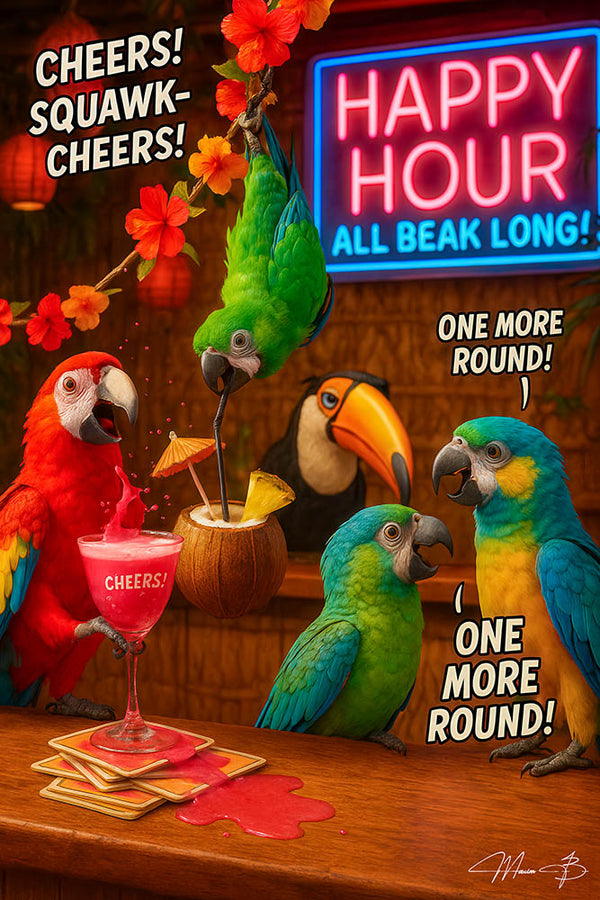 Colorful parrots and toucan partying at a tropical bar with cocktails, neon happy hour sign, and spilled drinks in a humorous tropical scene