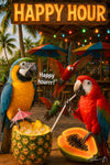 Colorful parrots enjoying tropical cocktails with pineapple and papaya at a beach bar under tiki lights and umbrellas in a fun and festive scene