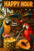 Colorful parrots enjoying tropical cocktails with pineapple and papaya at a beach bar under tiki lights and umbrellas in a fun and festive scene