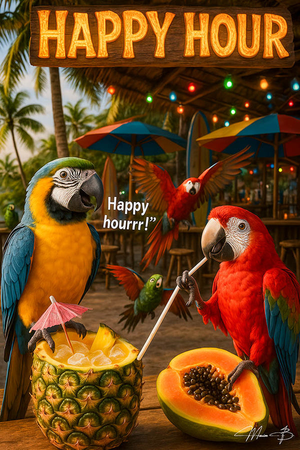 Colorful parrots enjoying tropical cocktails with pineapple and papaya at a beach bar under tiki lights and umbrellas in a fun and festive scene