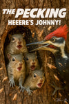 Humorous scene of squirrels surprised by a woodpecker titled The Pecking - Heeere’s Johnny