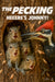 Humorous scene of squirrels surprised by a woodpecker titled The Pecking - Heeere’s Johnny