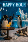 Penguins enjoying cocktails in an icy bar setting with glowing blue light, ice sculptures, and playful antics in a humorous winter-themed party scene