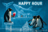 Penguins enjoying cocktails in a stylish ice bar setting with glowing blue lights, citrus drinks, and playful snowy antics in a humorous arctic lounge scene