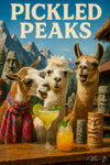 Three llamas wearing scarves and fur standing at a wooden mountain bar with tiki statues, margarita and mint-topped cocktails on the counter, snow-capped peaks behind