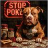 Pit-Stop Poker metal print showing a confident Pitbull dog wearing a tie, sitting at a poker table with neon signage and humorous casino treats