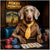 weimaraner in tie at leather booth with poker chips and neon Poker Pointer sign