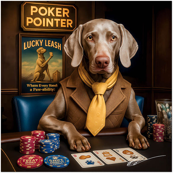 weimaraner in tie at leather booth with poker chips and neon Poker Pointer sign