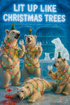 Polar bears wrapped in colorful holiday lights enjoying cocktails at a festive ice bar, Lit Up Like Christmas Trees artwork