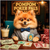 Pomeranian Payday metal print showing a playful Pomeranian dog dressed smartly playing poker with colorful chips and dog-themed playing cards