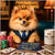 Pomeranians Lucky Lounge metal print showcasing a sophisticated Pomeranian dog in a suit playing poker, with poker chips and playing cards